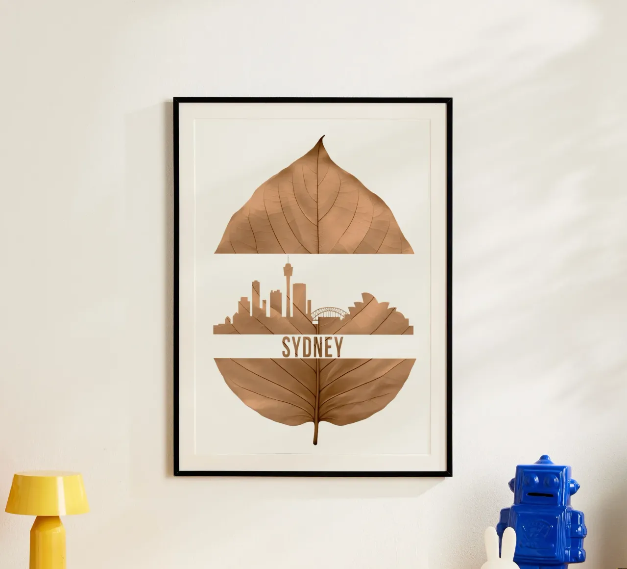 skyline della città di sydney taglio di foglie ilustrazione poster con telaio in plastica da kahfiza