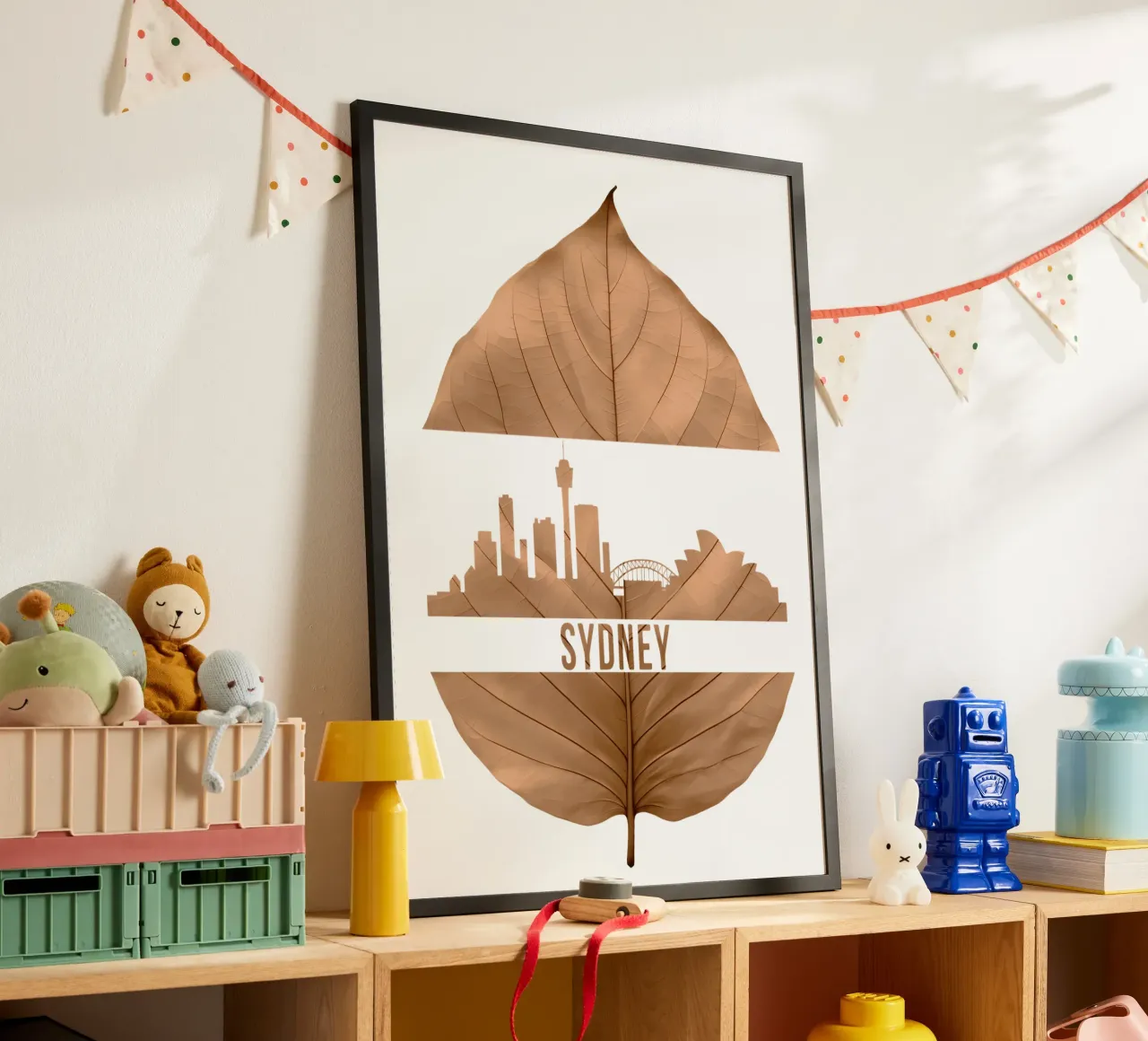 skyline della città di sydney taglio di foglie ilustrazione poster con telaio in plastica da kahfiza