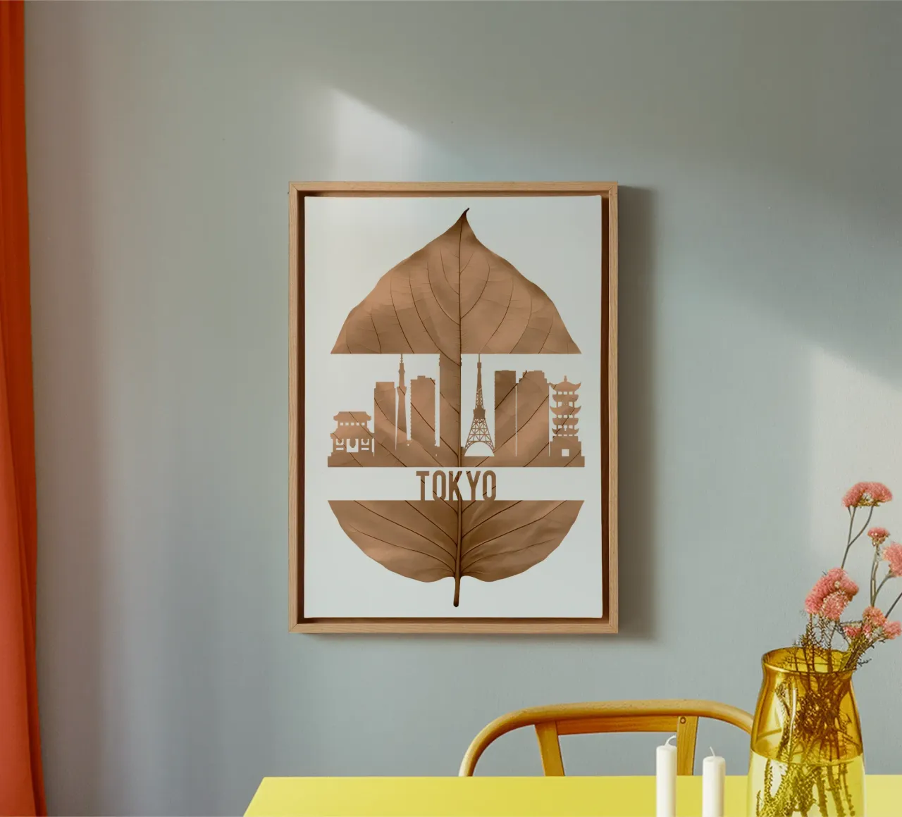 ilustrazione di taglio della foglia dello skyline della città di tokyo tela con Cornice a cassetta da kahfiza