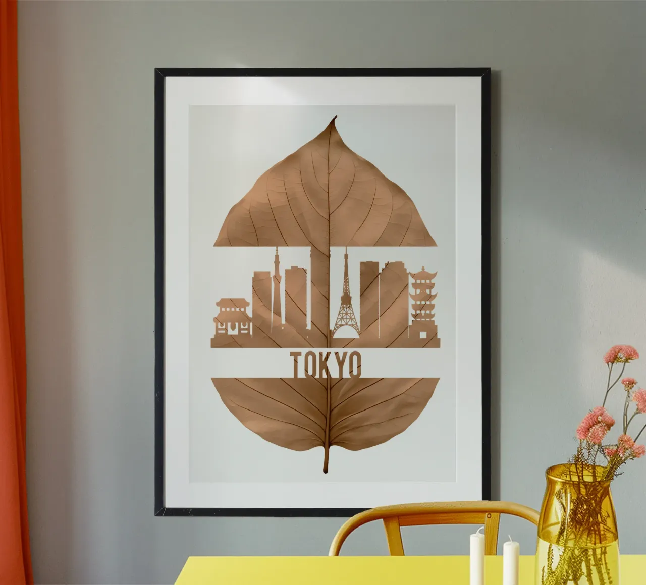 ilustrazione di taglio della foglia dello skyline della città di tokyo poster con telaio in plastica da kahfiza