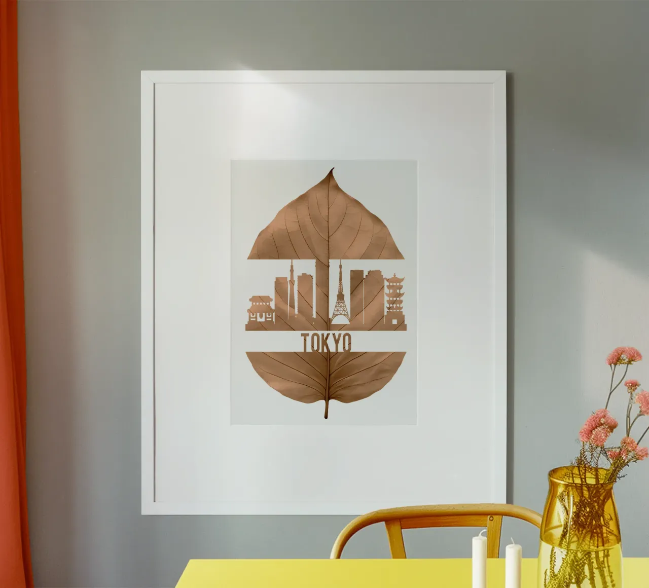ilustrazione di taglio della foglia dello skyline della città di tokyo poster con telaio in plastica da kahfiza