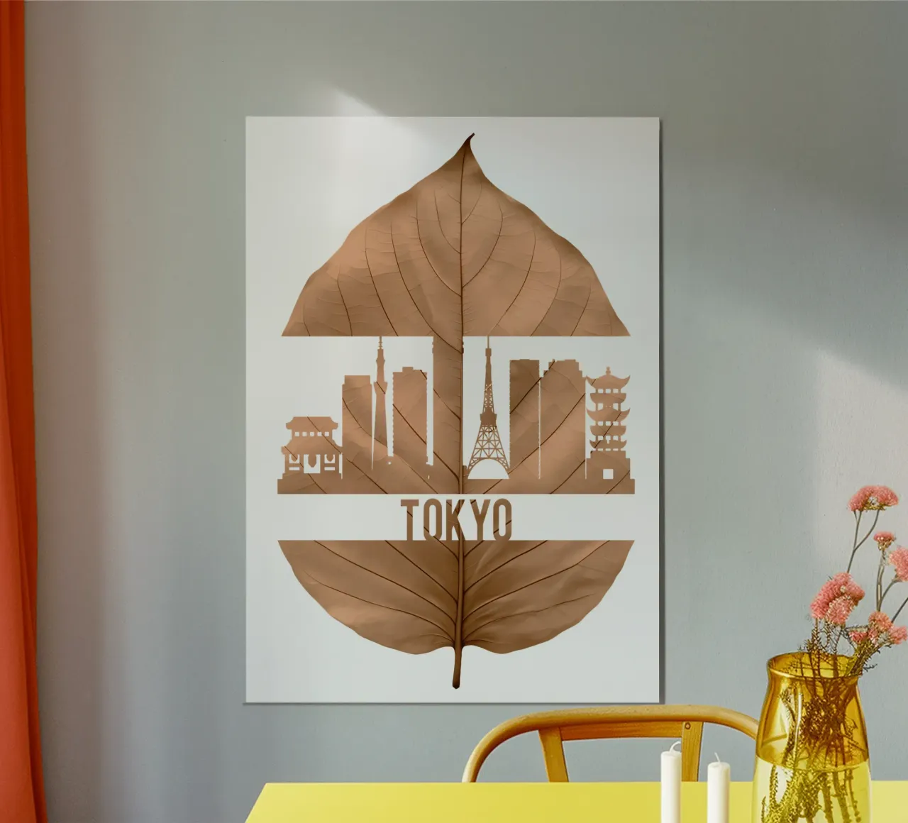 ilustrazione di taglio della foglia dello skyline della città di tokyo poster con telaio in plastica da kahfiza