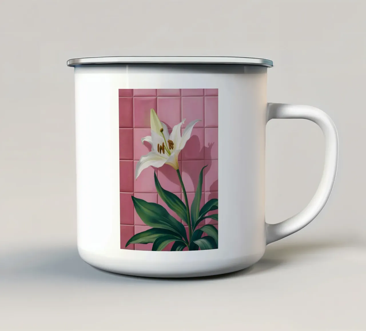 Piastrella rosa giglio bianco tazza in smalto da Pan Denim