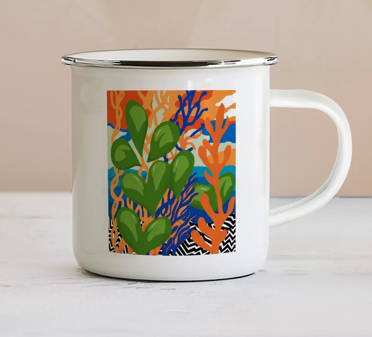 Abstracte bladerdans emaille mok van Tiga Bersama