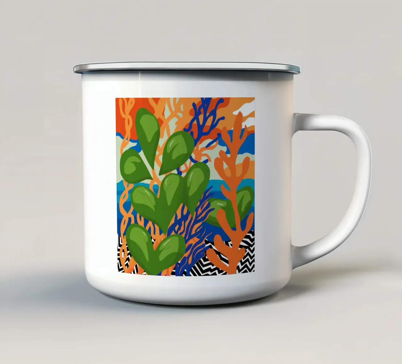 Abstracte bladerdans emaille mok van Tiga Bersama