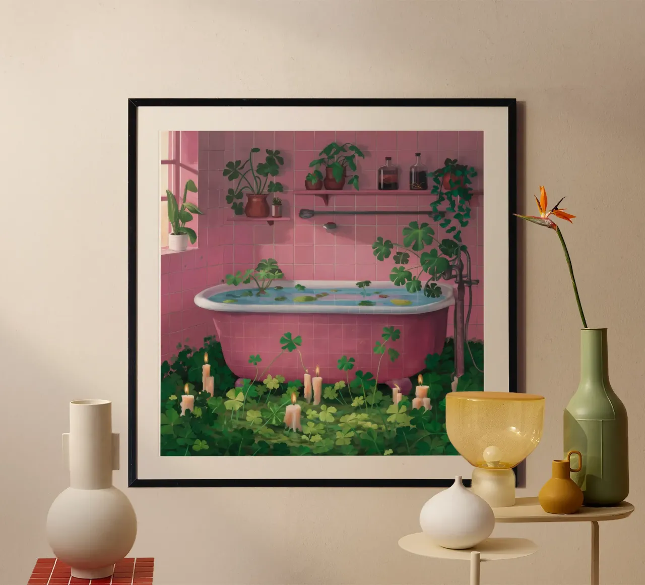 Vasca da bagno rosa Jungle poster con telaio in legno da Pan Denim