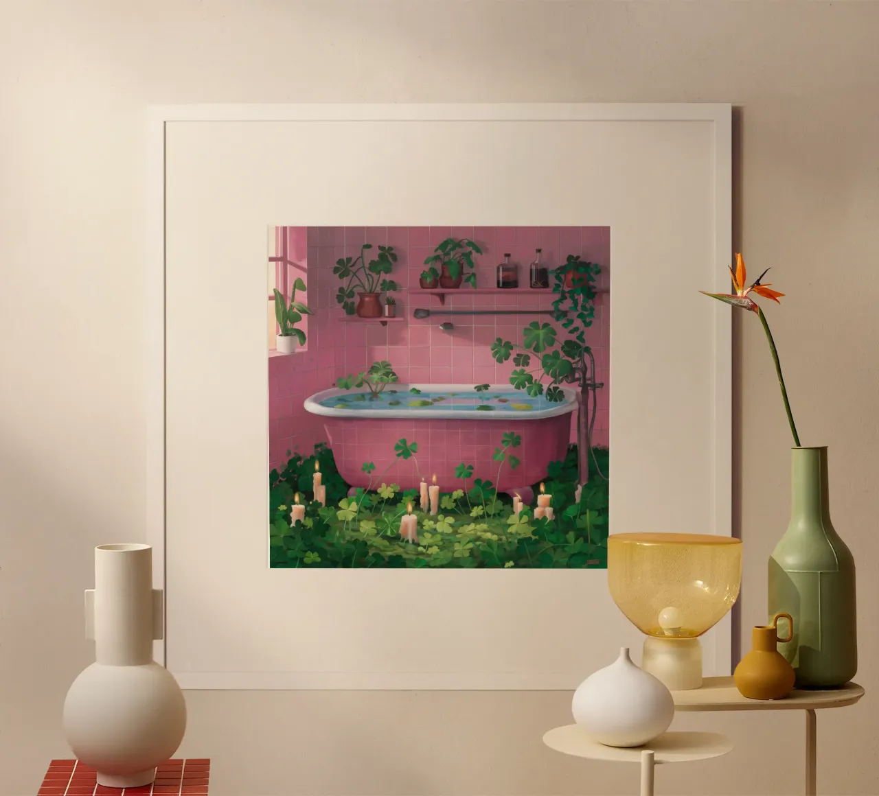 Vasca da bagno rosa Jungle poster con telaio in legno da Pan Denim