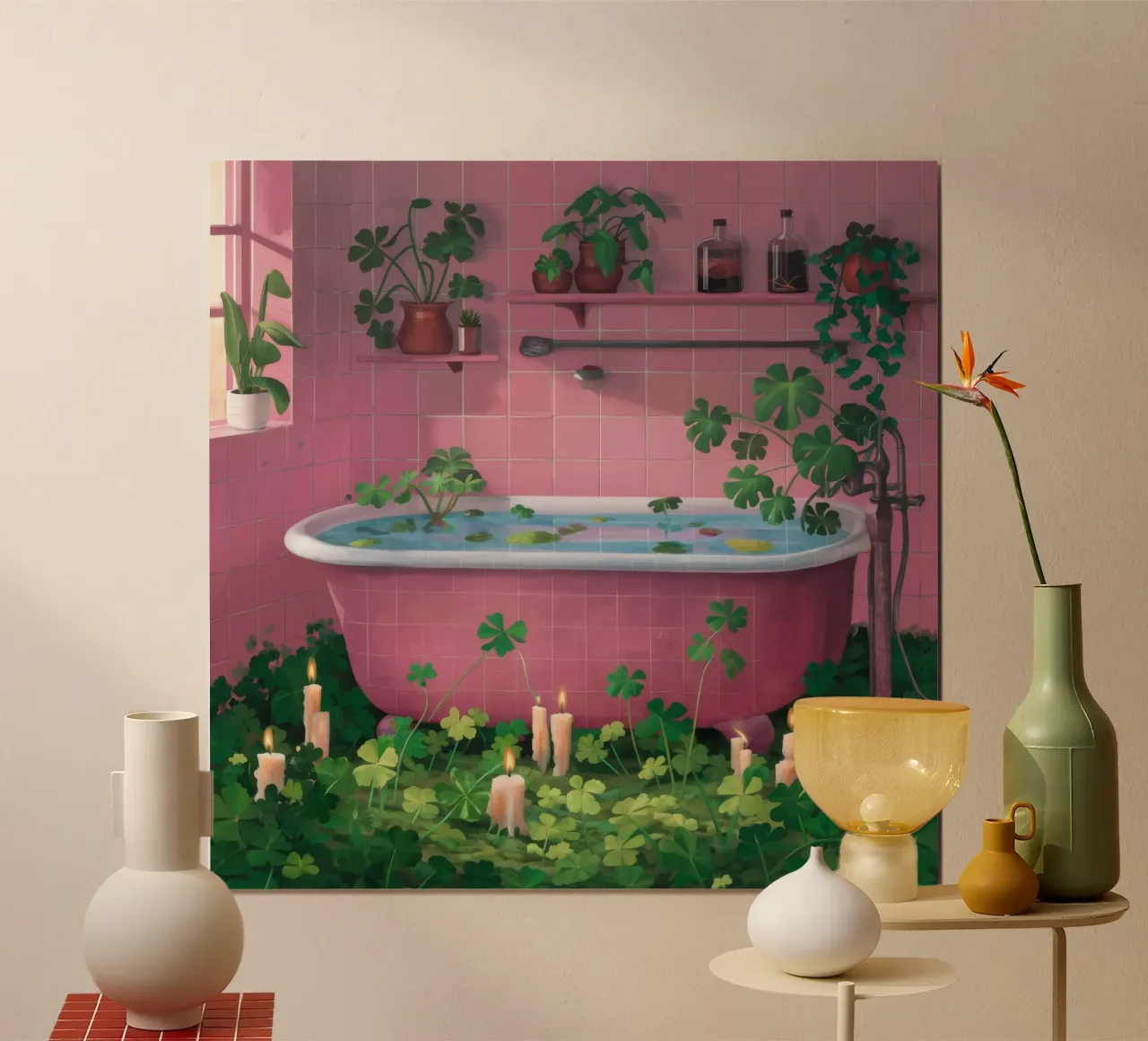 Vasca da bagno rosa Jungle poster con telaio in legno da Pan Denim