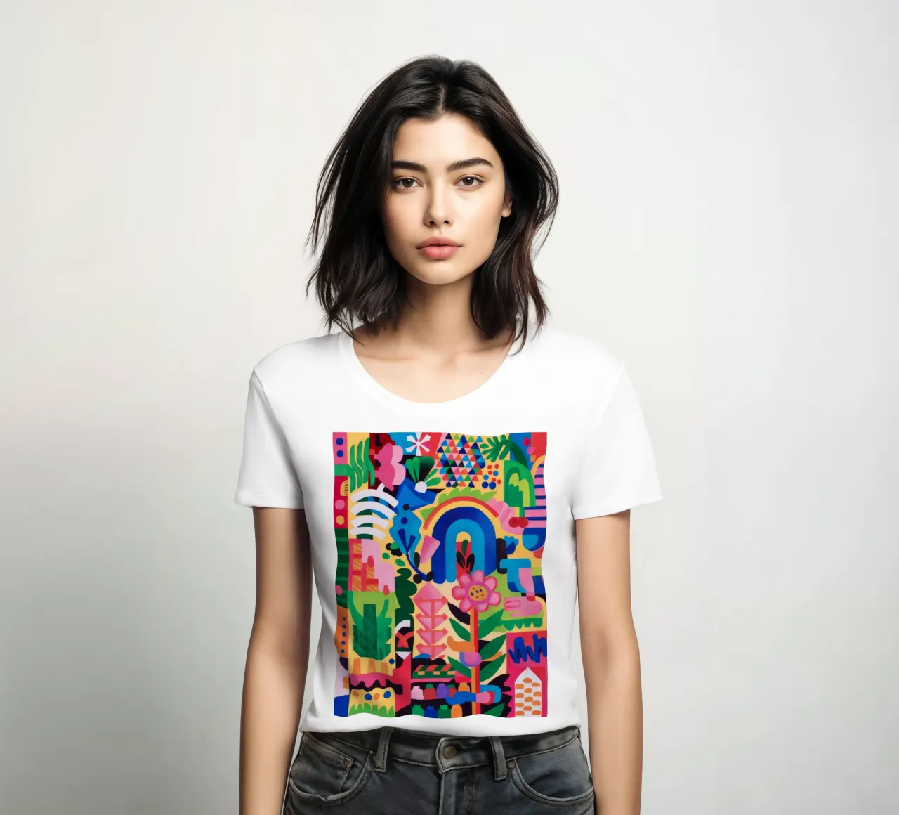 Rainbow Totem Joy women's fitted t-shirt by Tiga Bersama