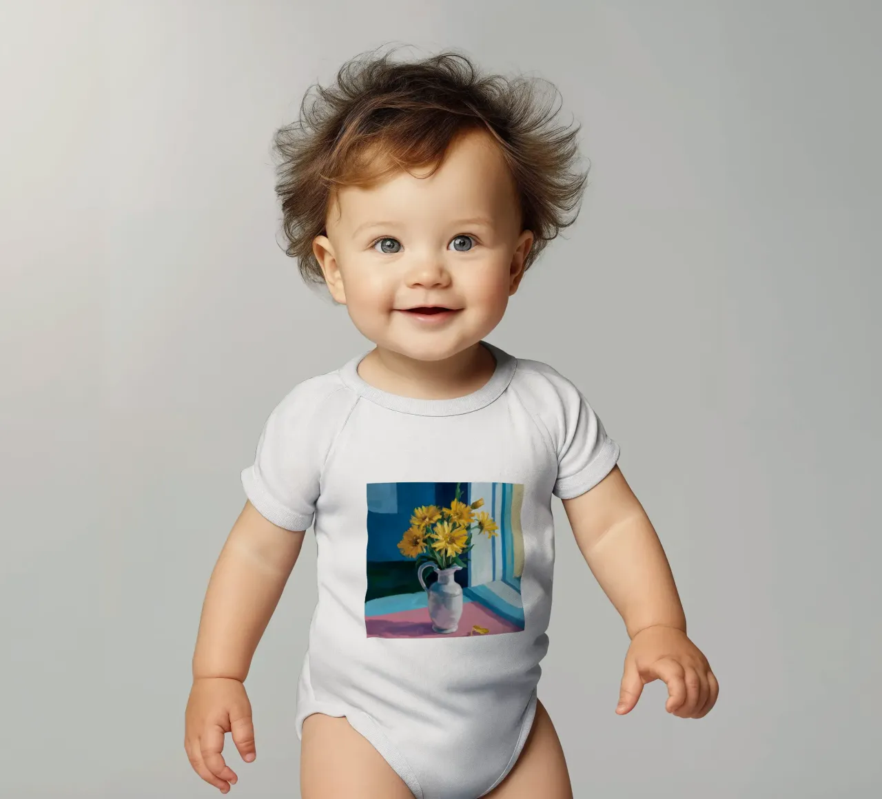 Sunflower Window Sill short-sleeve baby romper by Fable Tempa