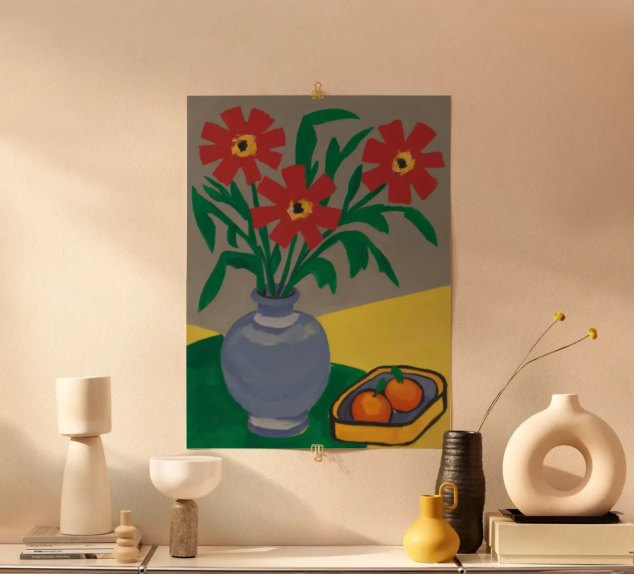 Contrasto del fiore cremisi poster con telaio in legno da Fable Tempa