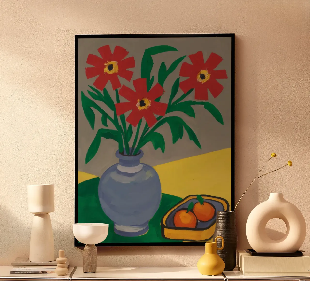 Contrasto del fiore cremisi poster con telaio in legno da Fable Tempa