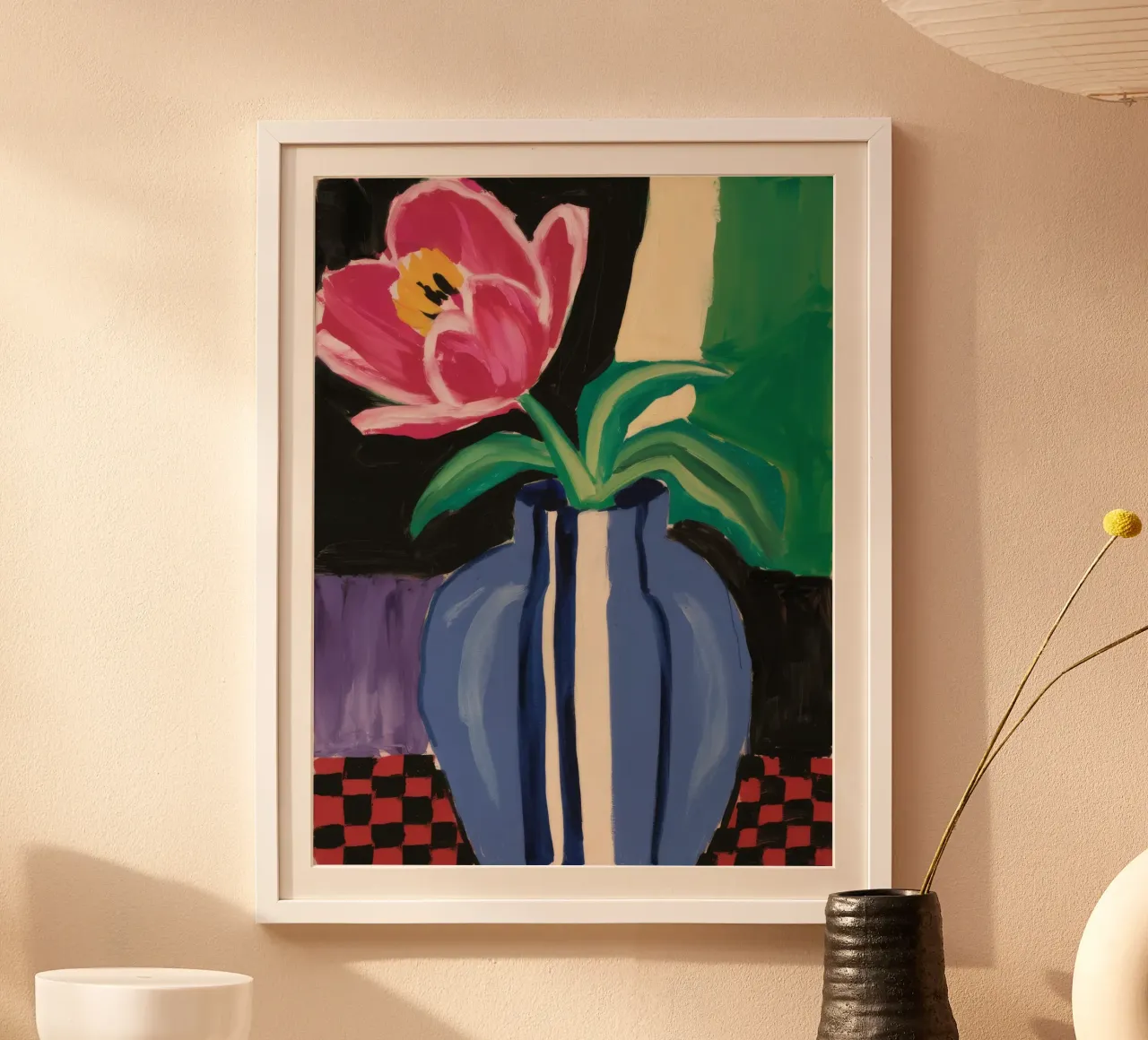 Blaue Vase Rote Tulpe Poster von Pan Denim