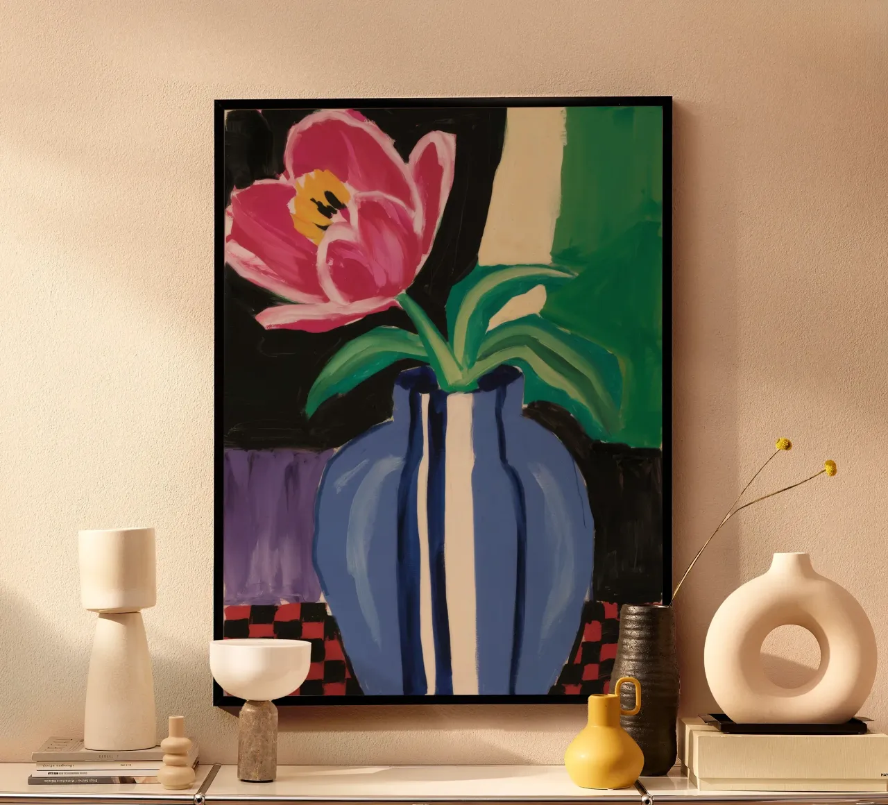Blaue Vase Rote Tulpe Poster von Pan Denim