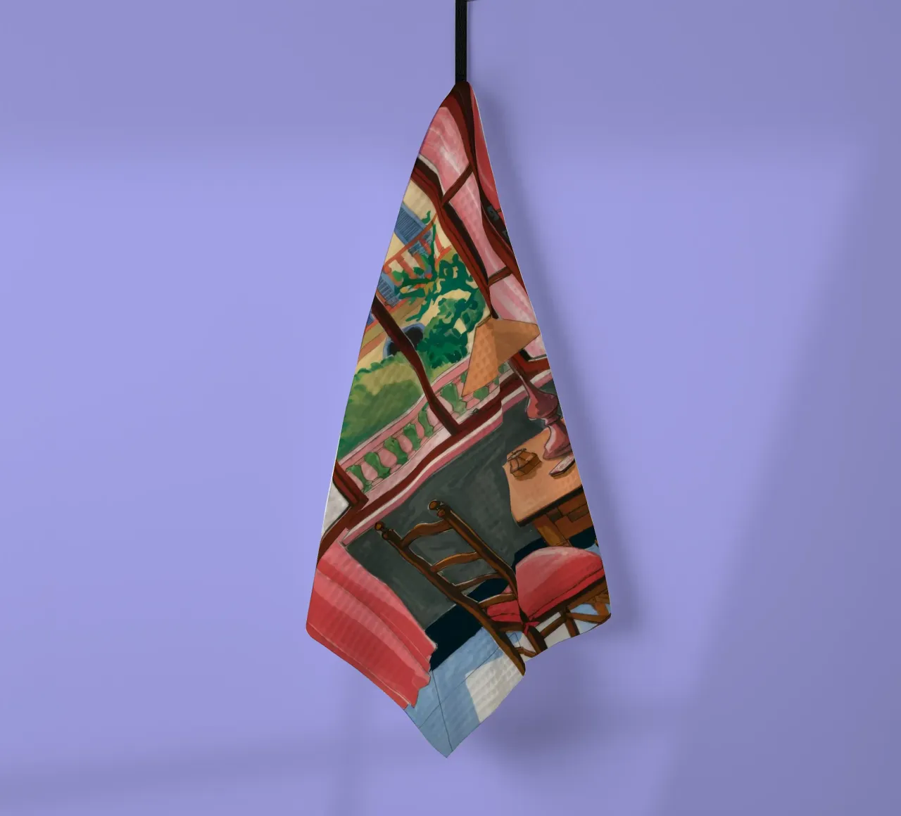 Red Curtain Window tea towel by Haven Fantasy