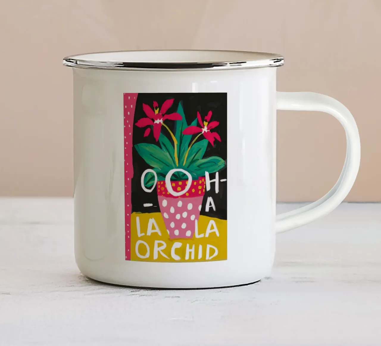 Frase Orchidea Pop tazza in smalto da Pan Denim