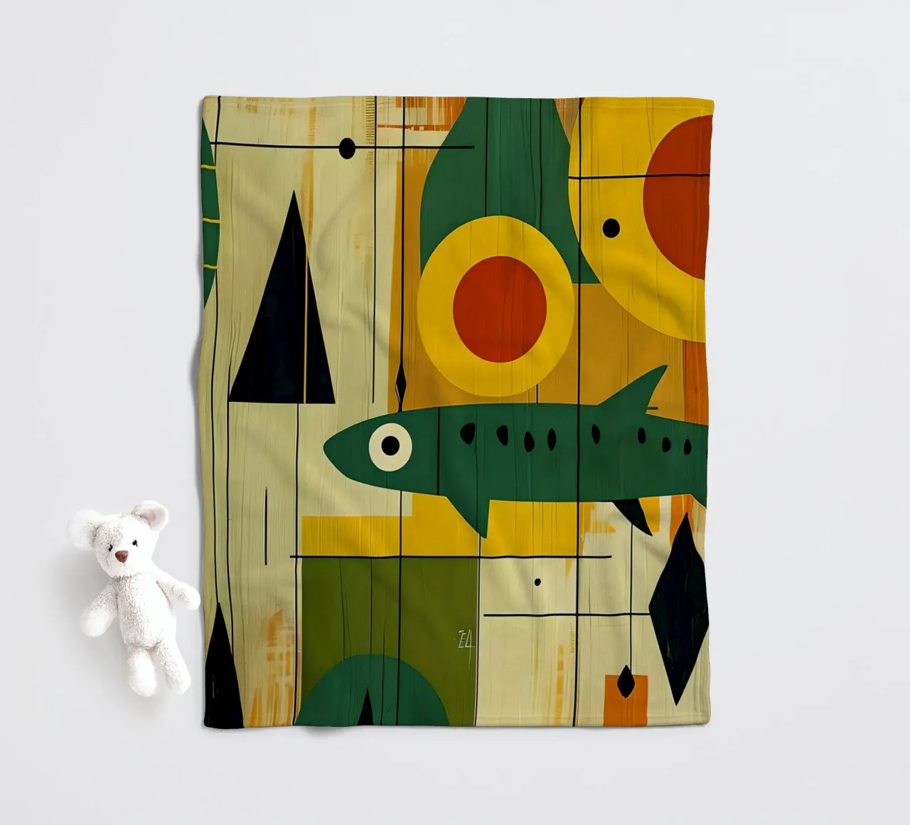 Abstract Mid-Century Modern Fish Art fleece blanket by 🥝 KIWI STORE