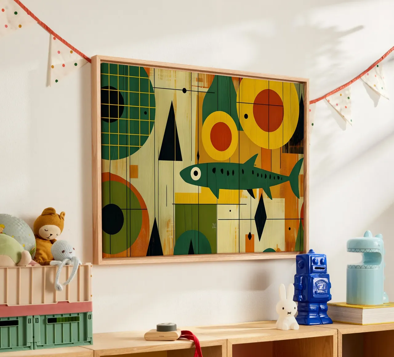 Abstrakte Fischkunst aus der Jahrhundertmitte Leinwand mit Schattenfugenrahmen von 🥝 KIWI STORE