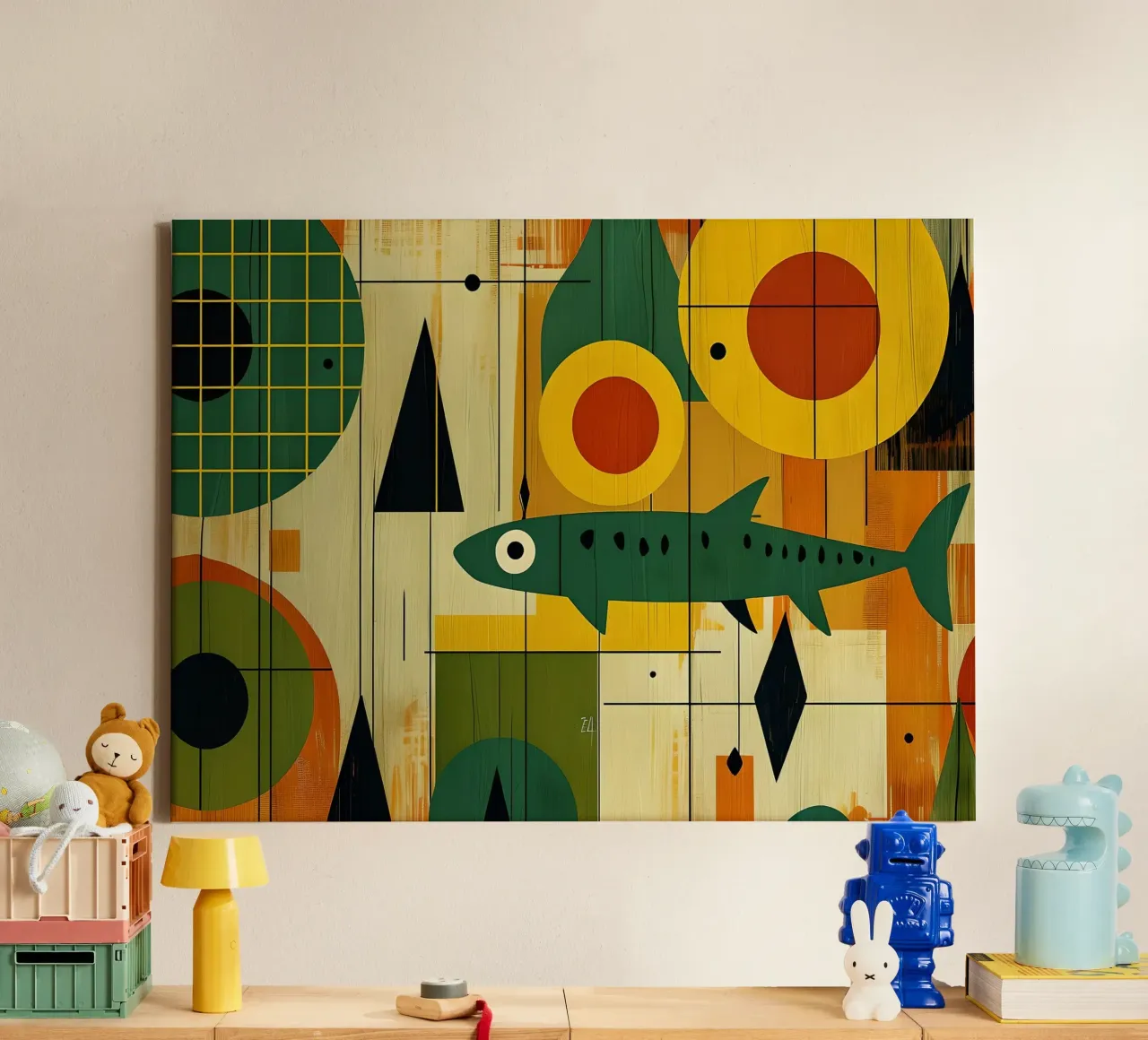Abstrakte Fischkunst aus der Jahrhundertmitte Leinwand mit Schattenfugenrahmen von 🥝 KIWI STORE