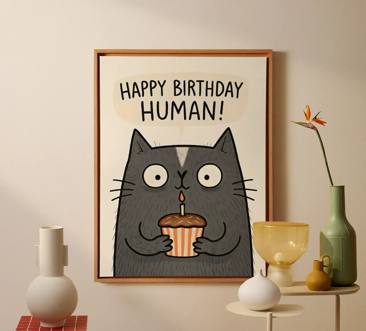 Gelukkige Verjaardag Mens Kat Kaart canvas met Baklijst van 🥝 KIWI STORE