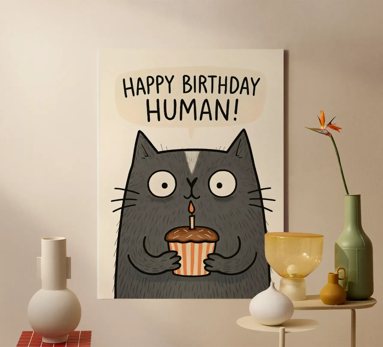 Gelukkige Verjaardag Mens Kat Kaart canvas met Baklijst van 🥝 KIWI STORE
