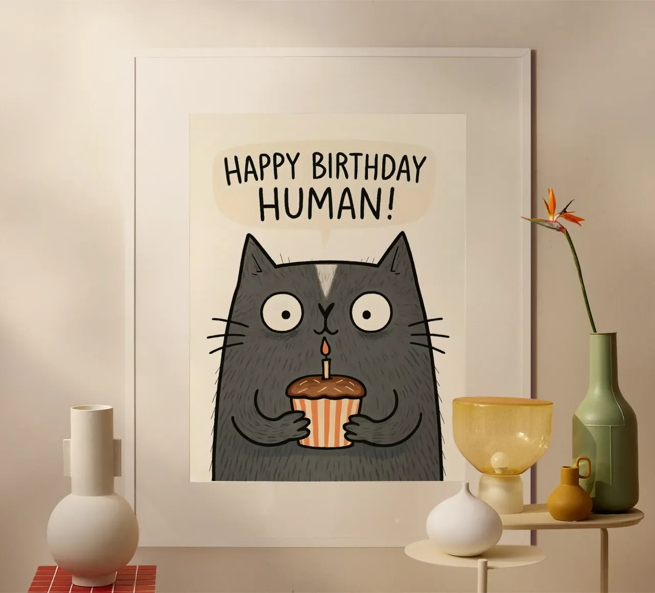 Biglietto di buon compleanno gatto umano poster con telaio in alluminio da 🥝 KIWI STORE