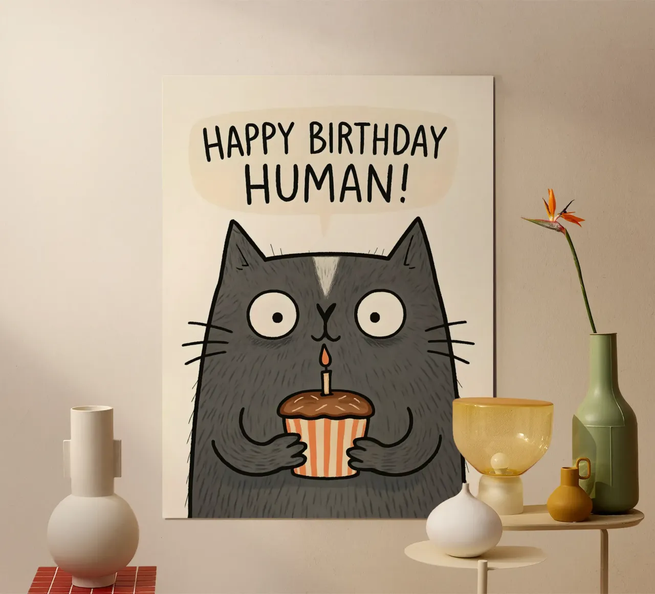 Biglietto di buon compleanno gatto umano poster con telaio in alluminio da 🥝 KIWI STORE