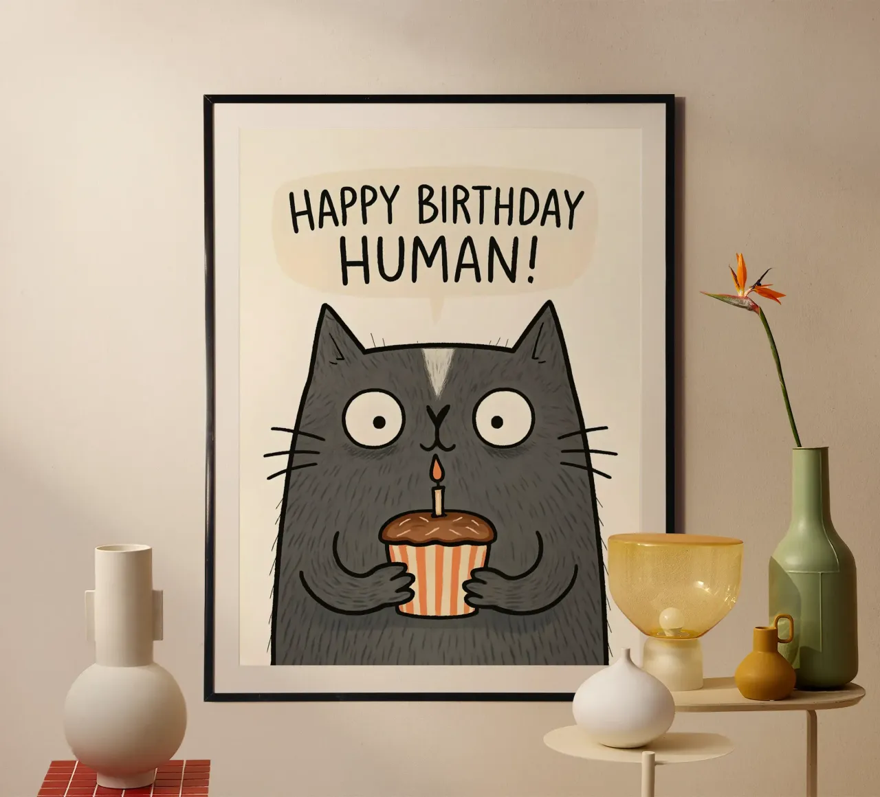 Biglietto di buon compleanno gatto umano poster con telaio in alluminio da 🥝 KIWI STORE