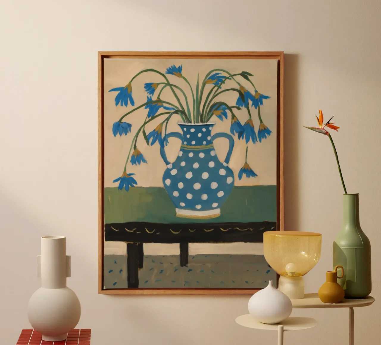 Gestippelde vaas Bluebells canvas met Baklijst van Tiga Bersama