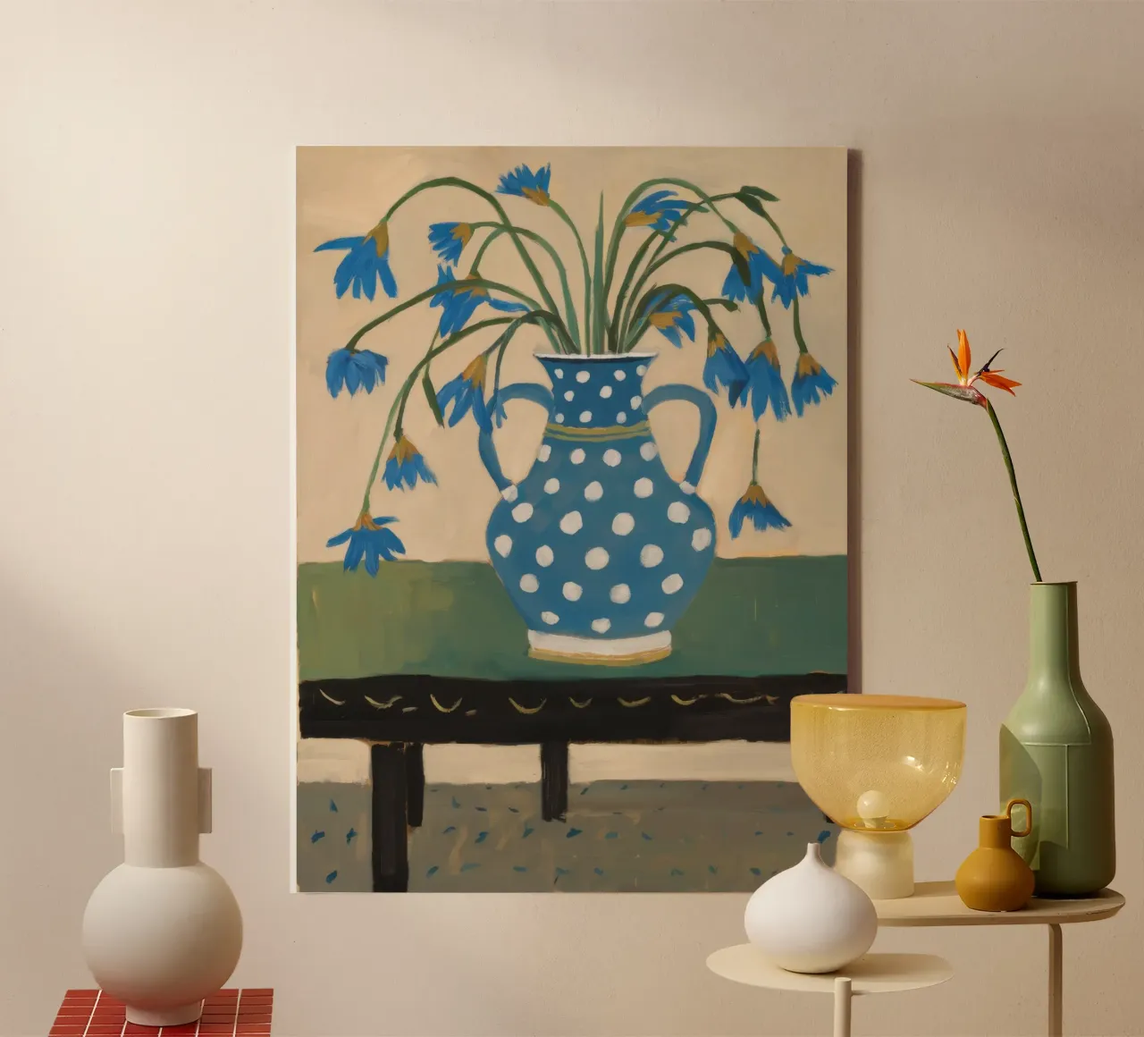 Gestippelde vaas Bluebells canvas met Baklijst van Tiga Bersama