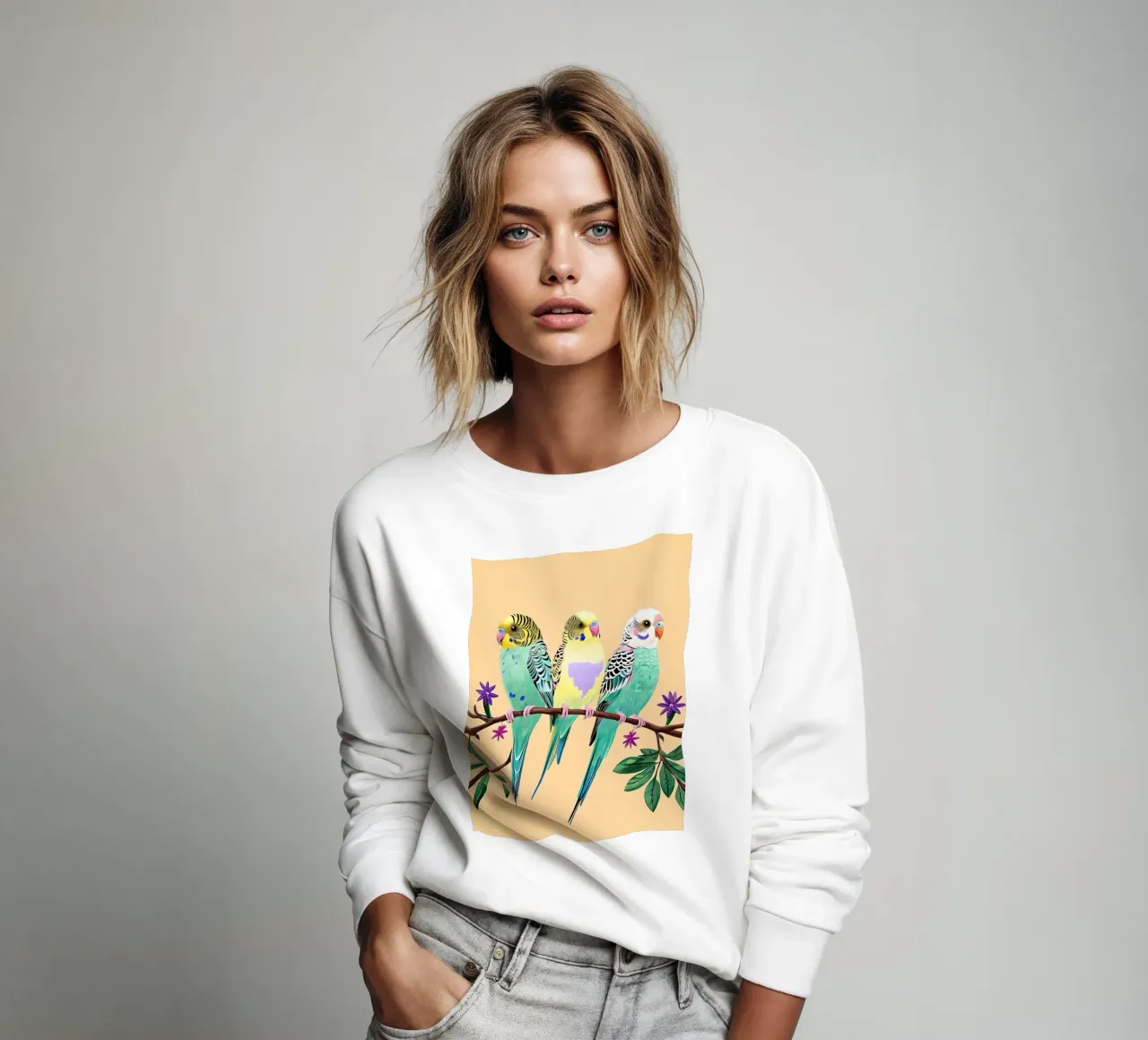 Trois perruches colorées sur une branche sweat de Point and Art