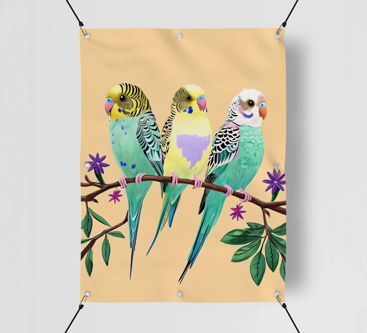 Three Colorful Budgies on a Branch pvc cover by 🎨 Point and Art