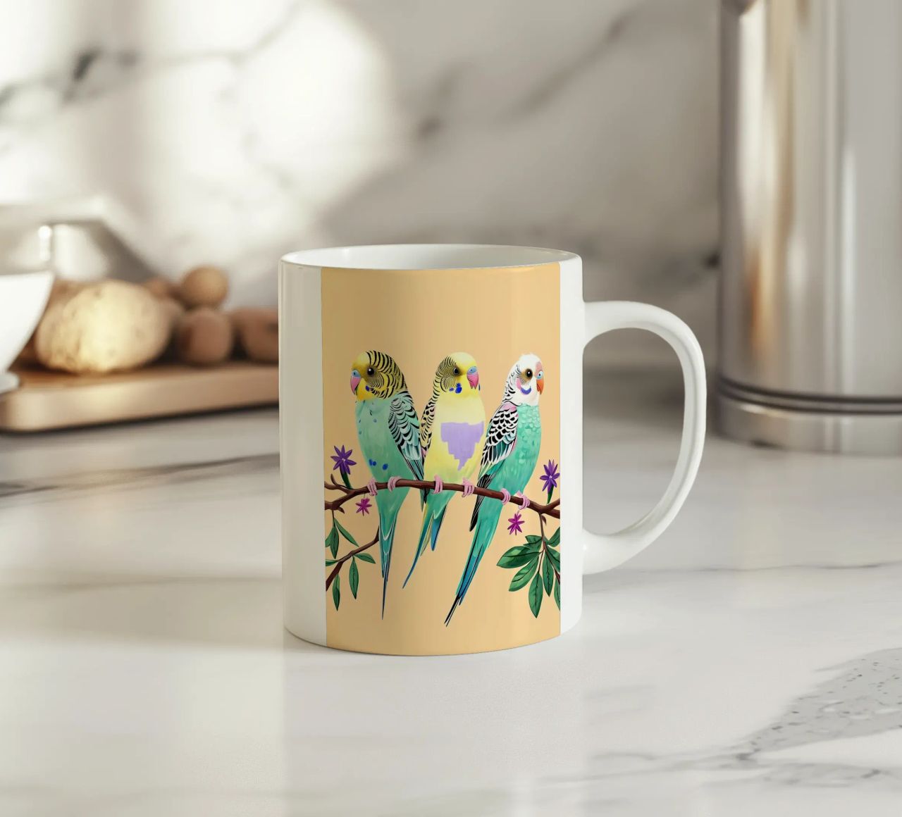 Tre pappagallini colorati su un ramo tazza in ceramica da Point and Art
