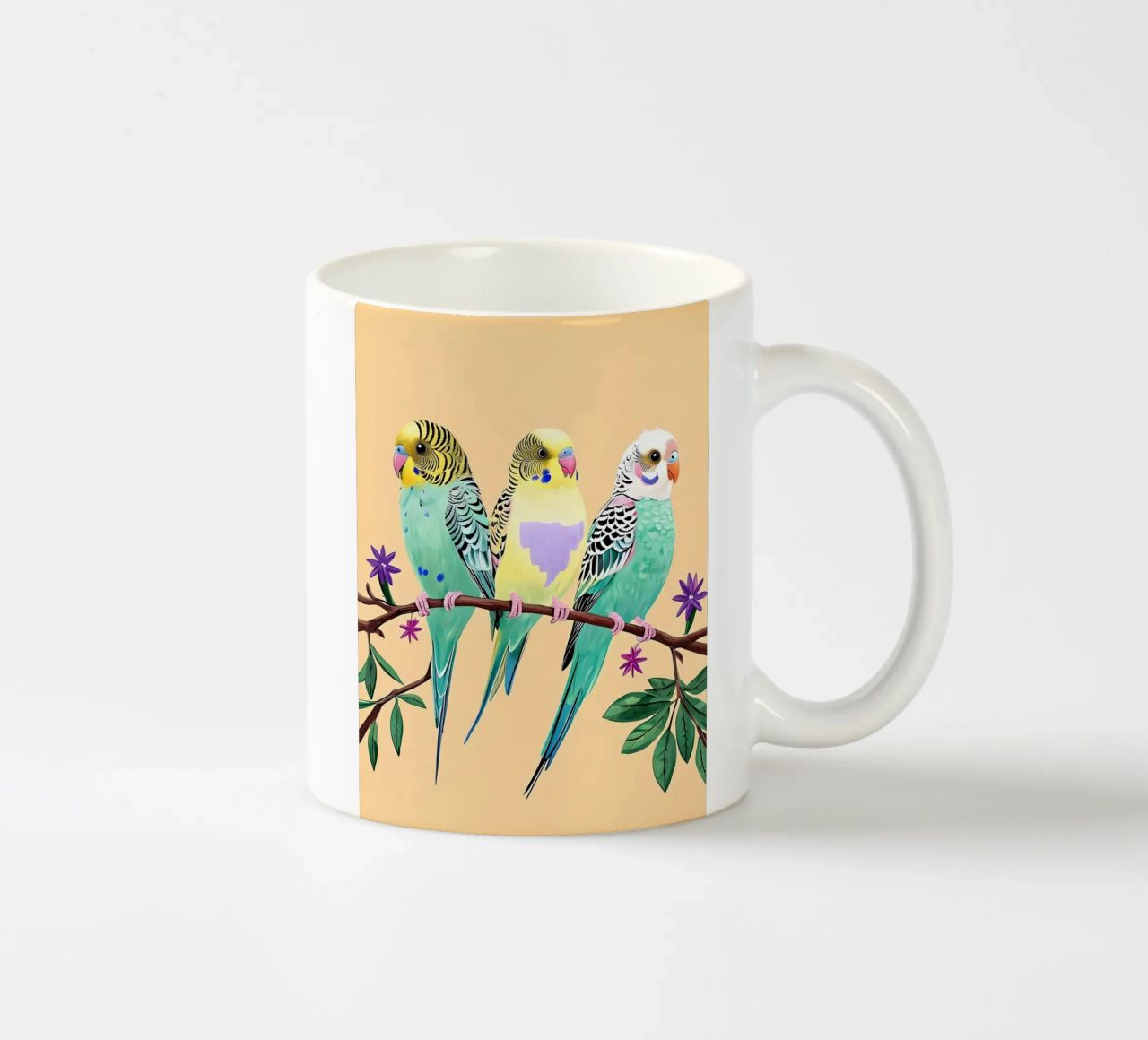 Tre pappagallini colorati su un ramo tazza in ceramica da Point and Art