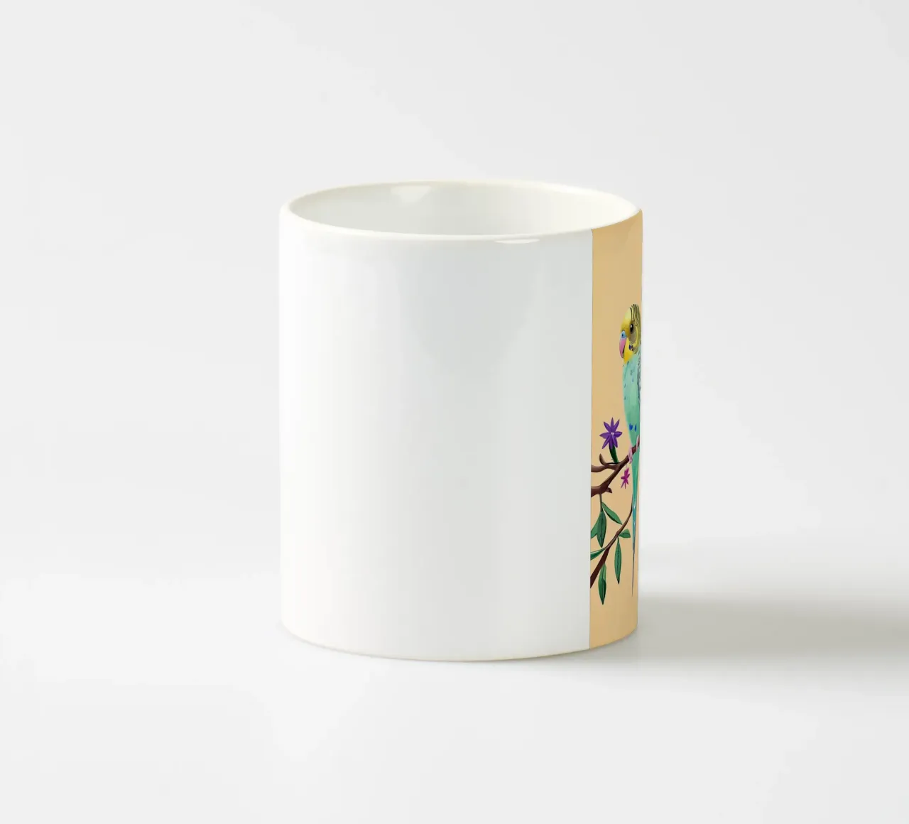 Three Colorful Budgies on a Branch ceramic mug by Point and Art
