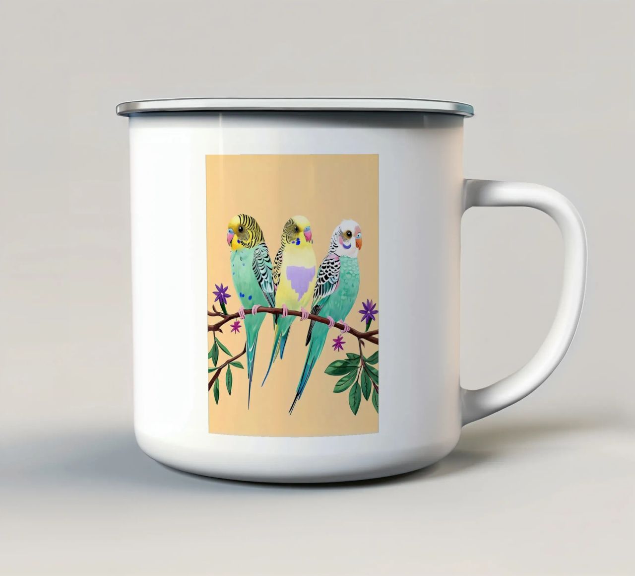 Tre pappagallini colorati su un ramo tazza in smalto da Point and Art