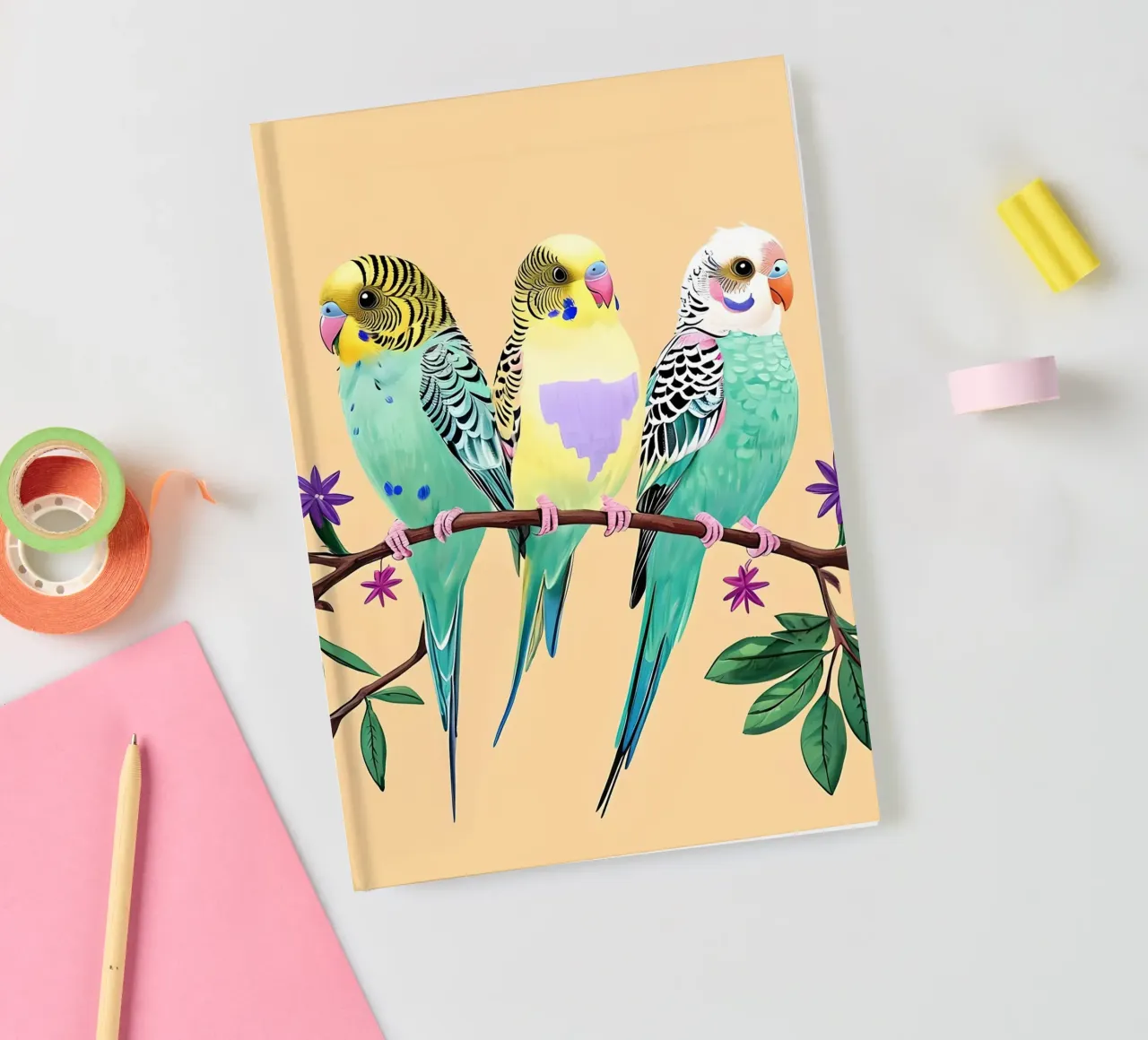 Three Colorful Budgies on a Branch notebook by Point and Art