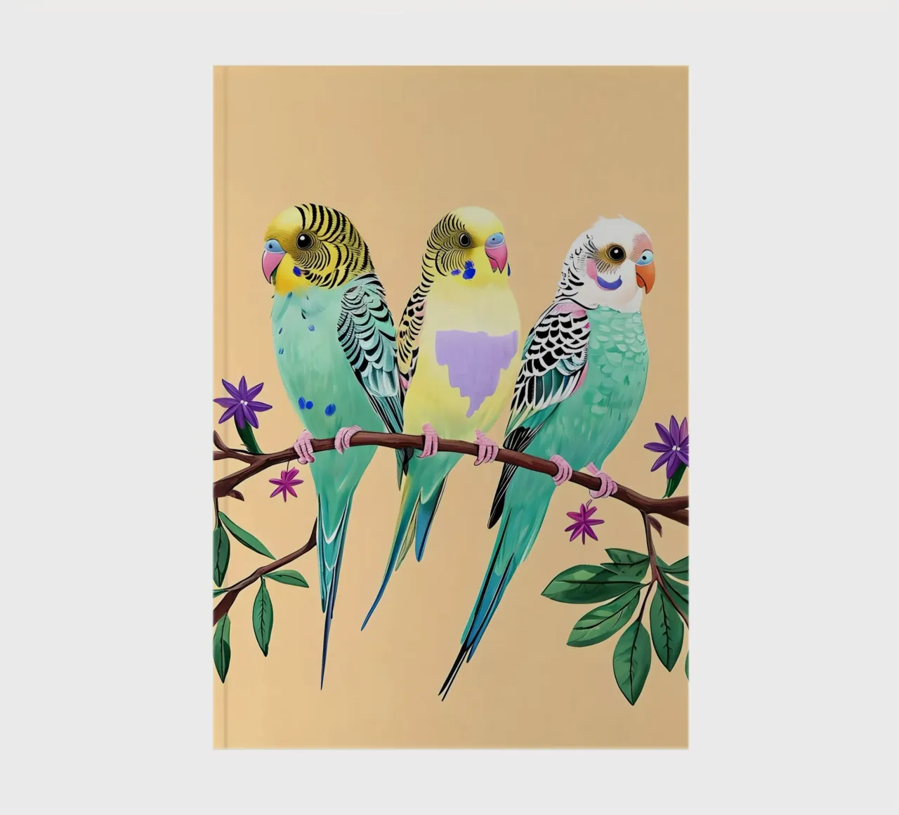 Three Colorful Budgies on a Branch notebook by Point and Art