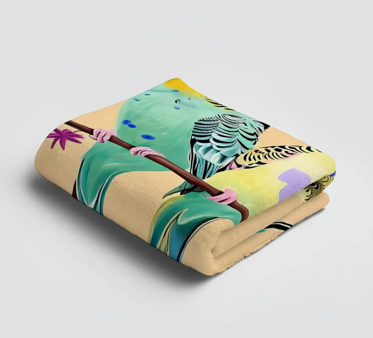 Three Colorful Budgies on a Branch towel by Point and Art