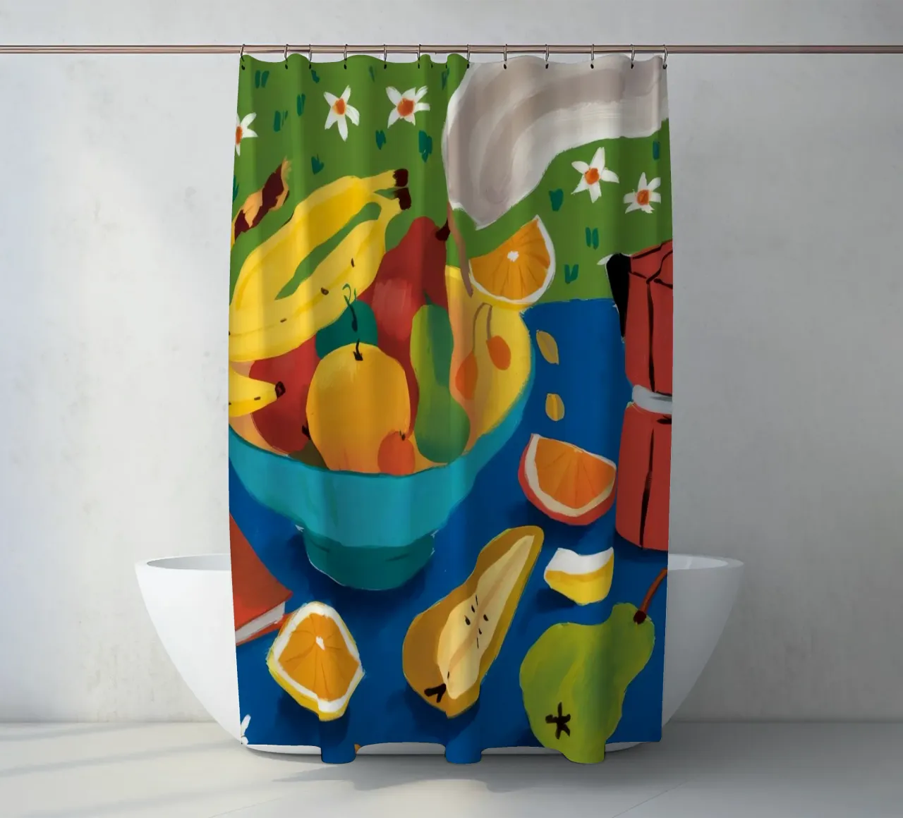 Verdant Fruit Fiesta shower curtain by Fable Tempa