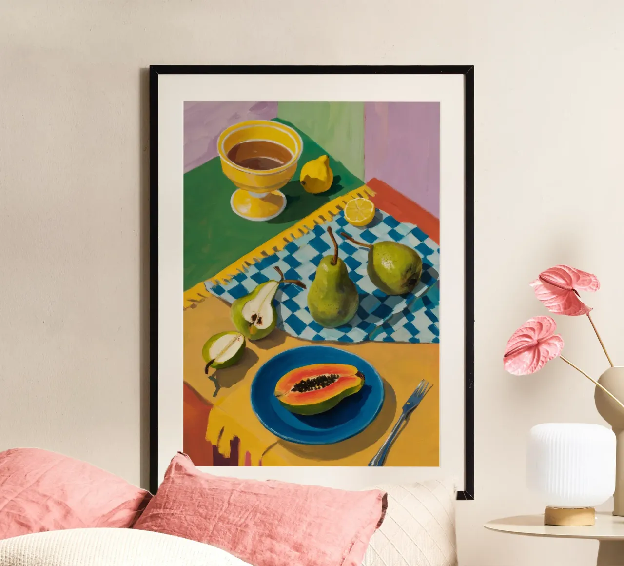 Duetto di pere e papaya poster con telaio in legno da Fable Tempa