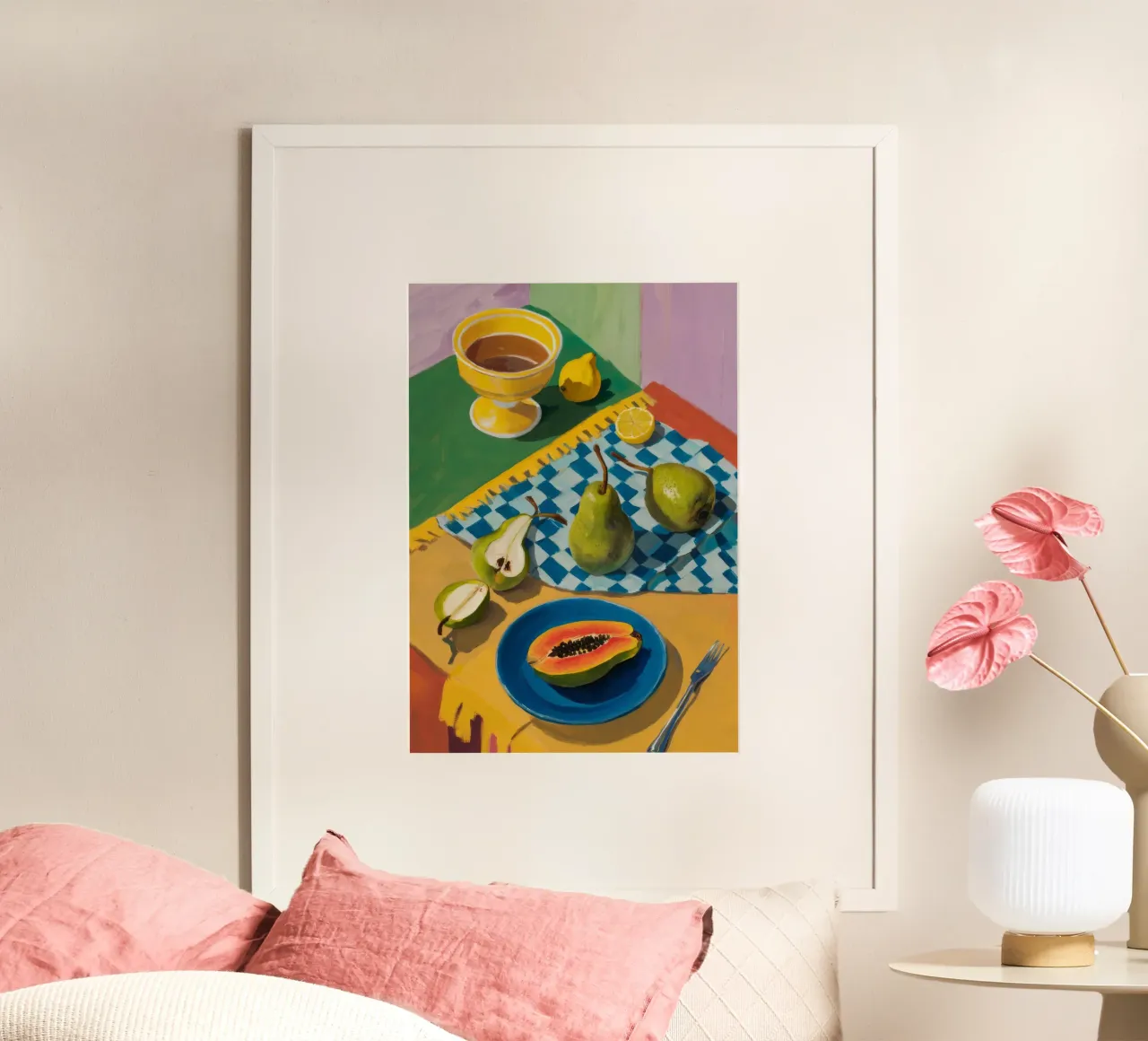 Duetto di pere e papaya poster con telaio in legno da Fable Tempa