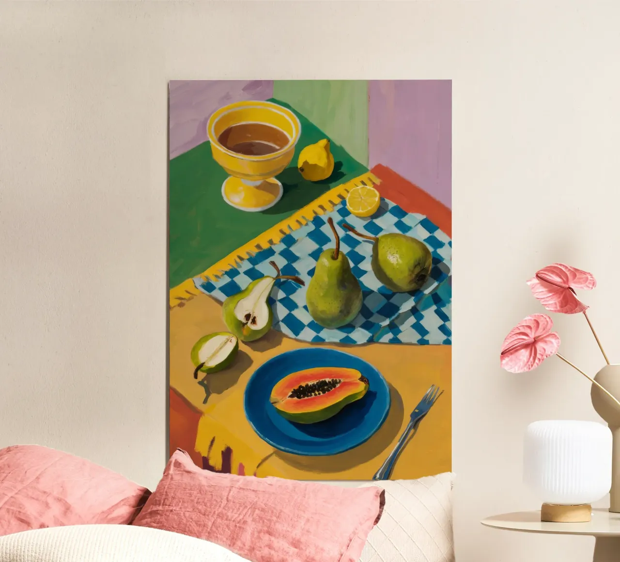 Duetto di pere e papaya poster con telaio in legno da Fable Tempa