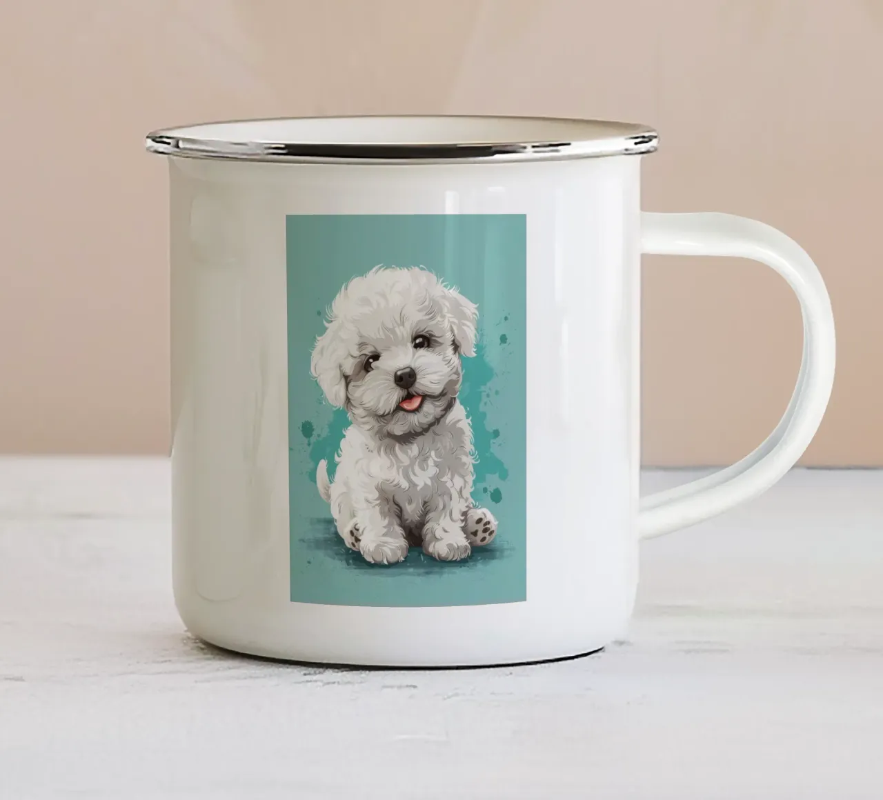 Un soffice compagno: L'adorabile fascino di un Bichon Frise tazza in smalto da DesignDoodle