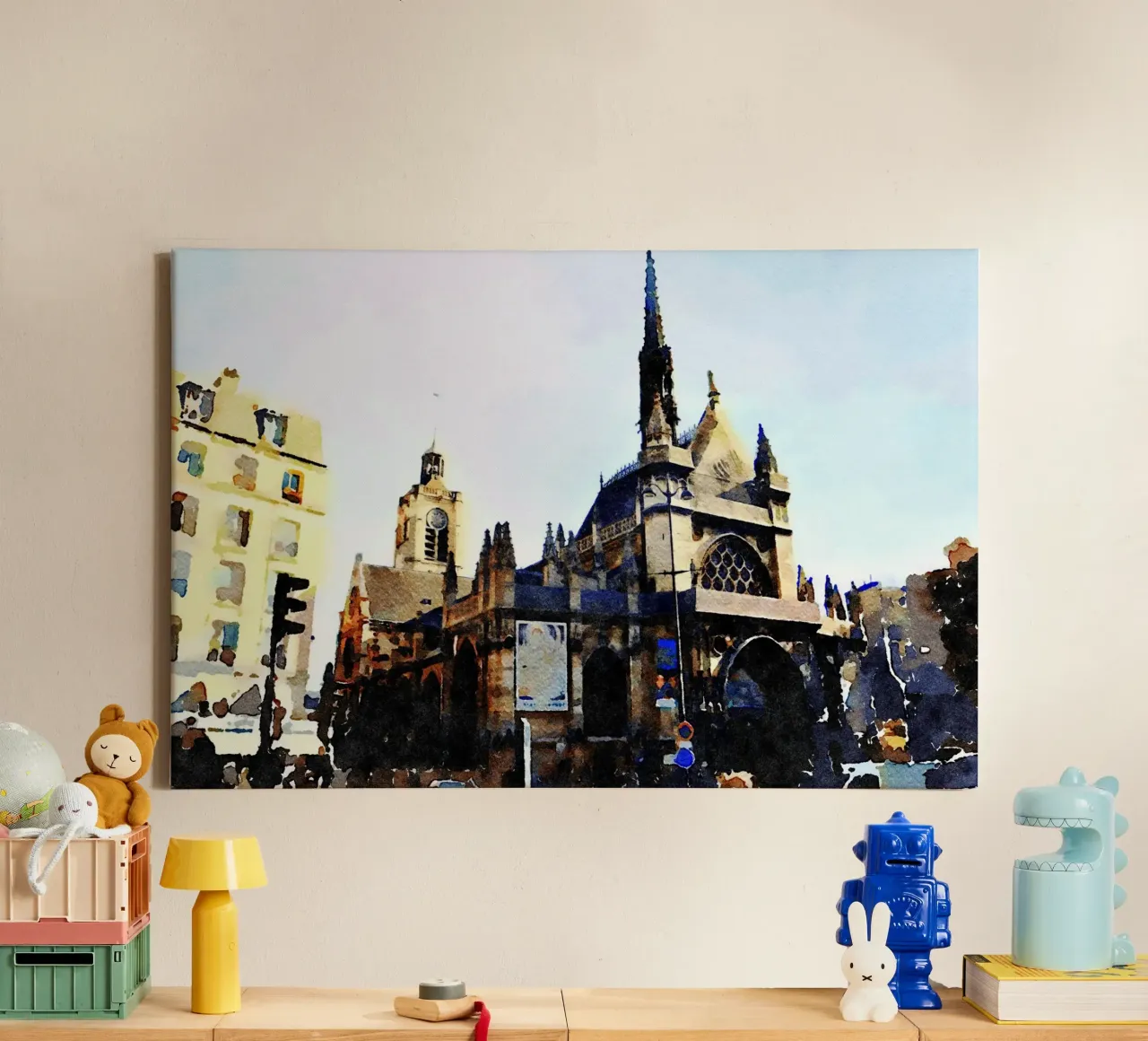 Eine Kirche in Paris Leinwand mit Schattenfugenrahmen von Massimo Frascogna