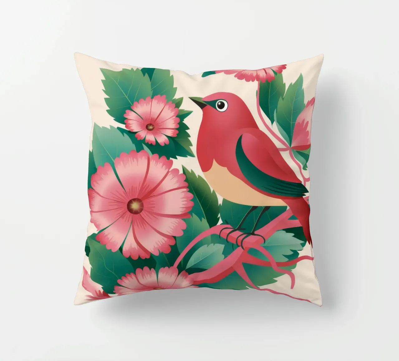 Fiori d'uccello rosa cuscino da Pan Denim