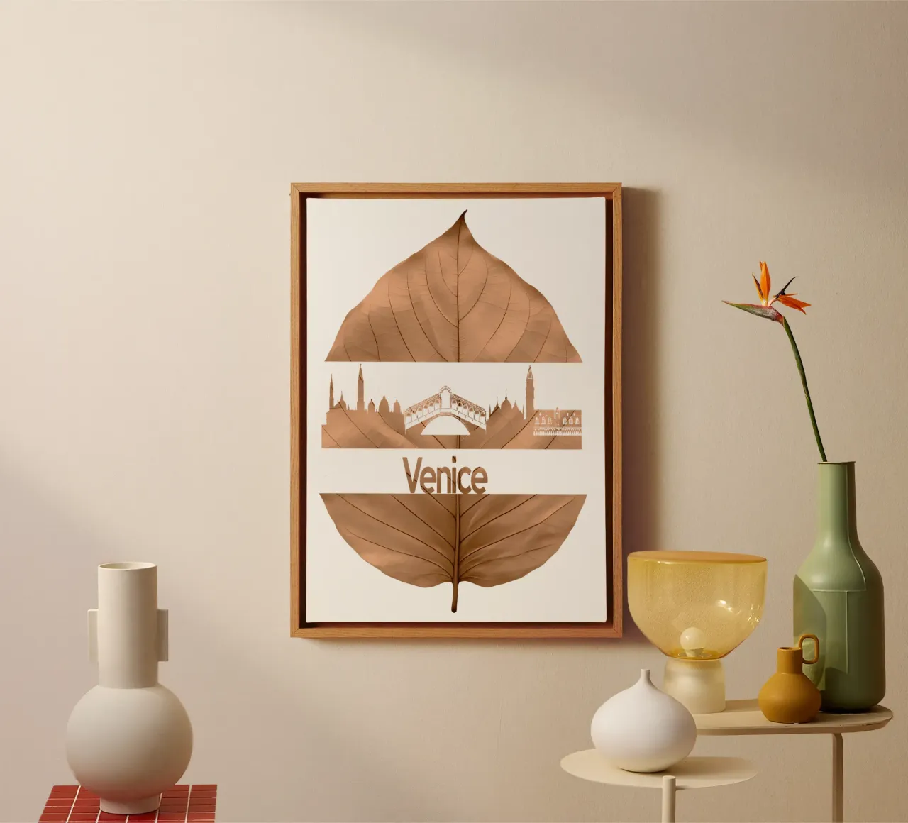 skyline della città di venezia taglio di foglie ilustrazione tela con Cornice a cassetta da kahfiza