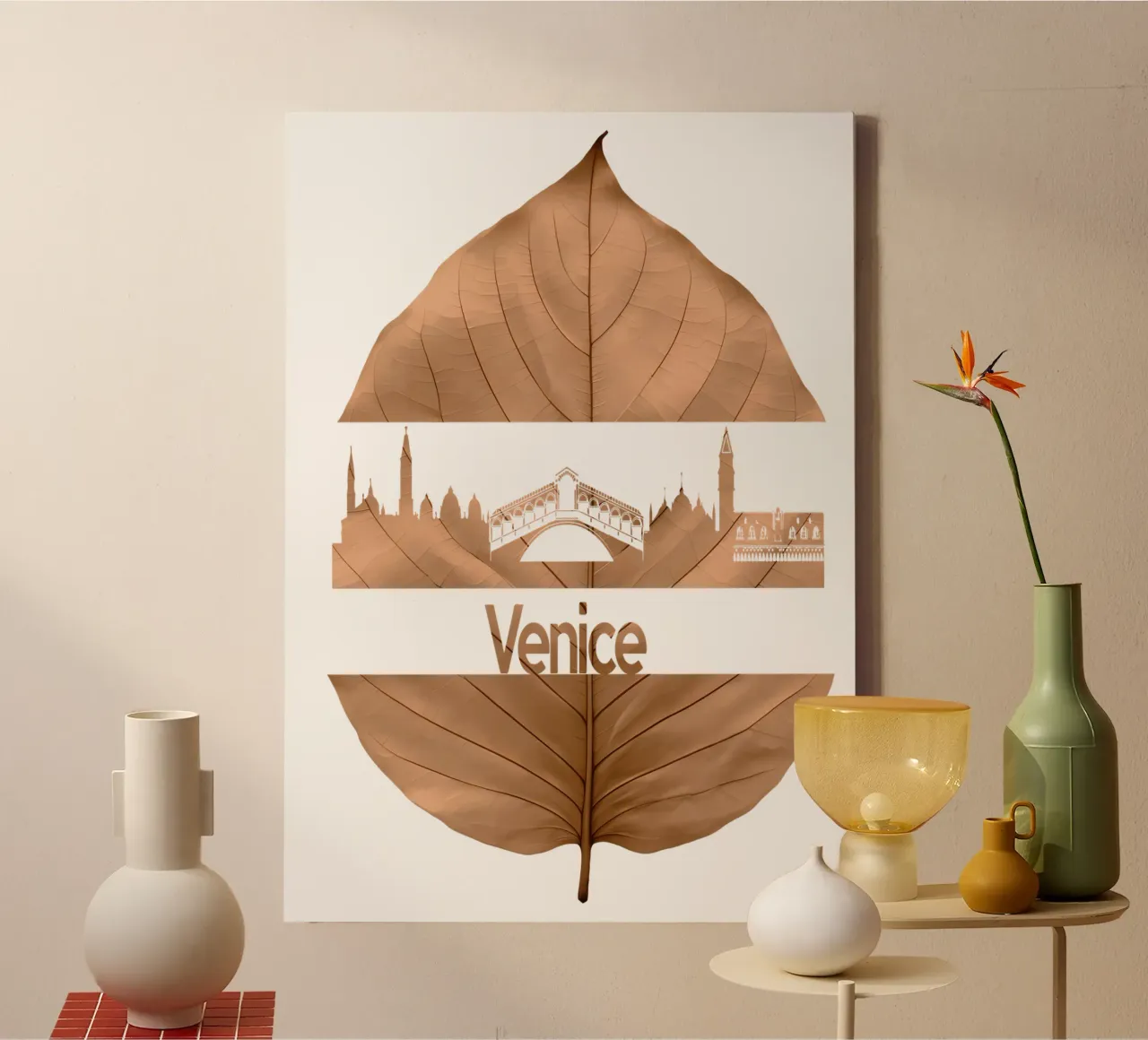 skyline della città di venezia taglio di foglie ilustrazione tela con Cornice a cassetta da kahfiza
