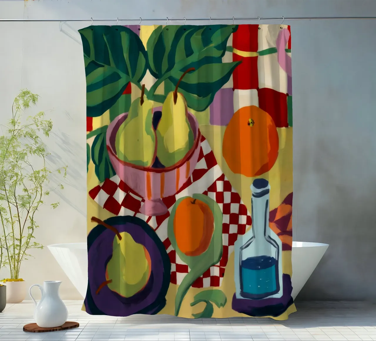 Gingham Bottle Serenity shower curtain by Fable Tempa