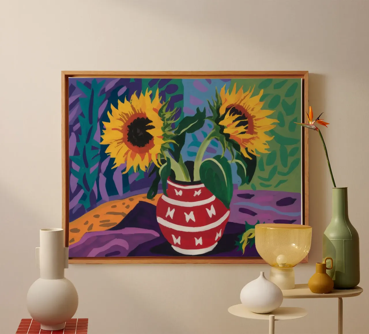 Sunflower Red Vase canvas with Floater frame by Pan Denim